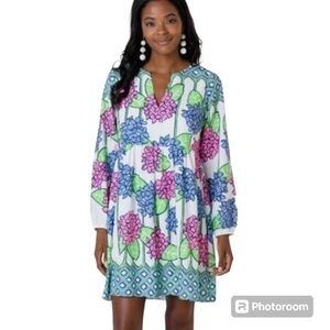 Sail To Sable Hydrangea Pink Blue Print Teardrop Long Sleeve Tiered Dress